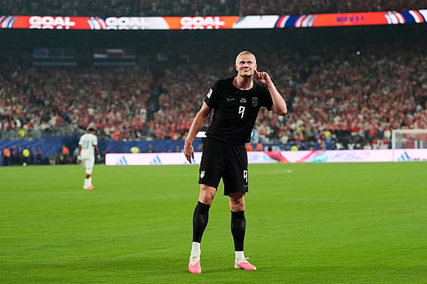 Norway's Erling Haaland (9) celebrates after scoring their third goal during the World Cup Group I soccer match between Norway and Senegal in East Rutherford, N.J., near New York, Monday, June 22, 2026