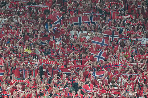 Fans of Norway cheer for their tam during the World Cup Group I soccer match against Senegal in East Rutherford, N.J., near New York, Monday, June 22, 2026