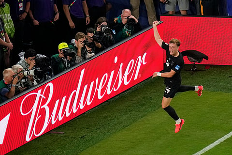 Norway's Marcus Holmgren Pedersen (16) celebrates after scoring his side's first goal during the World Cup Group I soccer match between Norway and Senegal in East Rutherford, N.J., near New York, Monday, June 22, 2026