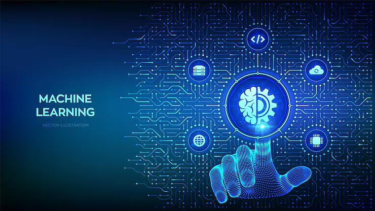 A digital hand touching a machine learning circuit network