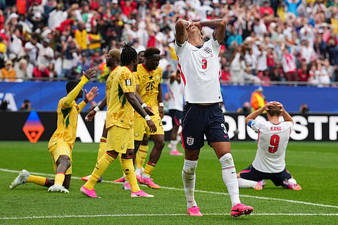 England's Nico O'Reilly (3) reacts during the World Cup Group L soccer match between England and Ghana in Foxborough