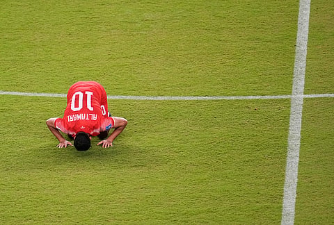 Jordan's Mousa Altamari reacts at the end of the first half of the World Cup Group J soccer match between Jordan and Algeria in Santa Clara, Calif., near San Francisco.