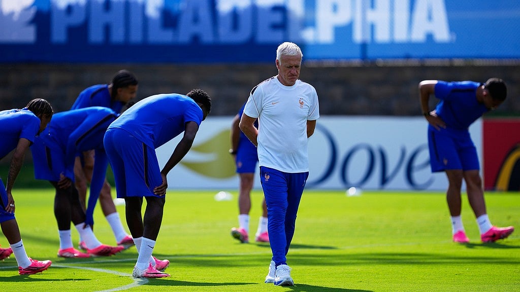 France head coach Didier Deschamps attends a training session ahead of the team's World Cup Group I soccer match against Iraq in Philadelphia. - AP Photo/Petr David Josek