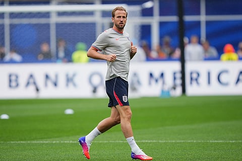 England captain Harry Kane in training ahead of World Cup Group L soccer match between England and Ghana in Foxborough, Mass., near Boston,