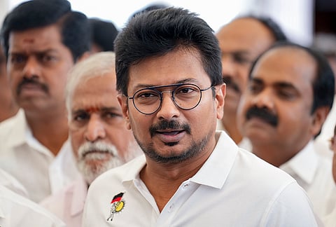 Tamil Nadu Assembly LoP and DMK MLA Udhayanidhi Stalin speaks to the media as the party leaders stage a walkout during the state Legislative Assembly session, in Chennai.