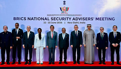 National Security Adviser Ajit Doval, Iran's Supreme National Security Council (SNSC) Deputy Secretary for Defence Affairs Ghadir Nezamipour, China's Foreign Affairs Minister Wang Yi, UAE's Secretary-General of the Supreme National Security Council Ali Mohammed Hammad Al Shamsi and other leaders in a group picture at the BRICS National Security Advisers' meeting, in New Delhi. 