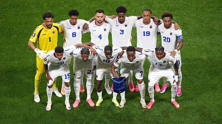 Cape Verde poses for the team photo during the World Cup Group H soccer match between Spain and Cape Verde in Atlanta, Monday, June 15, 2026. - AP Photo/Jacob Kupferman