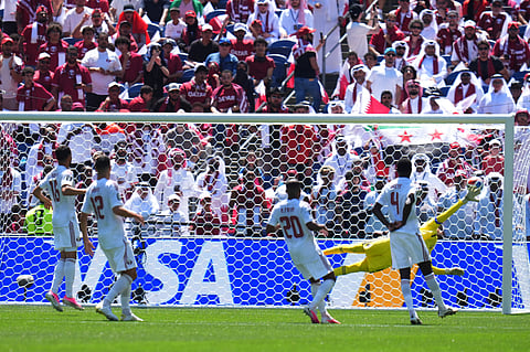 Qatar goalkeeper Mahmoud Abunada (1) fails to stop the ball after a shot by Bosnia's Kerim Alajbegovic (19) during the World Cup Group B soccer match between Bosnia and Qatar in Seattle Wednesday, June 24, 2026.
