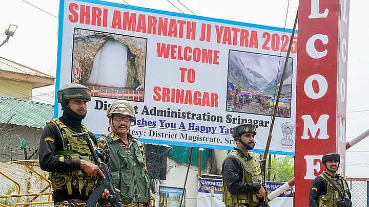 Security personnel deployed at an Amarnath Yatra transit camp in Pantha Chowk