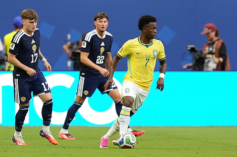 Brazil's Vinicius Junior (7) controls the ball during the World Cup Group C soccer match between Scotland and Brazil in Miami Gardens, Fla., Wednesday, June 24, 2026.