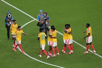 | Photo: AP/Silvia Izquierdo : Colombia players celebrate after the World Cup Group K soccer match between Colombia and Congo in Zapopan, near Guadalajara, Mexico.