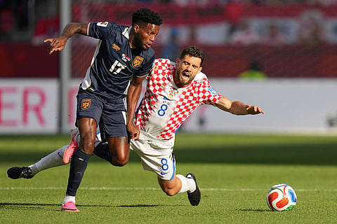 Croatia's Mateo Kovacic (8) and Panama's Jose Fajardo (17) vie for the ball during the World Cup Group L soccer match between Panama and Croatia in Toronto.