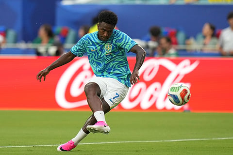 Brazil's Vinicius Junior (7) warms up before the World Cup Group C soccer match between Scotland and Brazil in Miami Gardens, Fla., Wednesday, June 24, 2026.