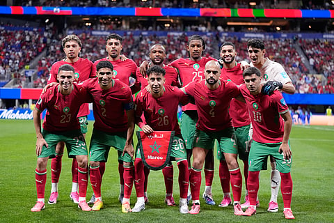 Morocco players pose for a photo before the World Cup Group C soccer match between Morocco and Haiti in Atlanta, Wednesday, June 24, 2026. 