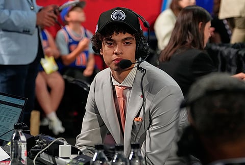 Keaton Wagler is interviewed after being selected by the Los Angeles Clippers in the first round of the NBA basketball draft, in New York.