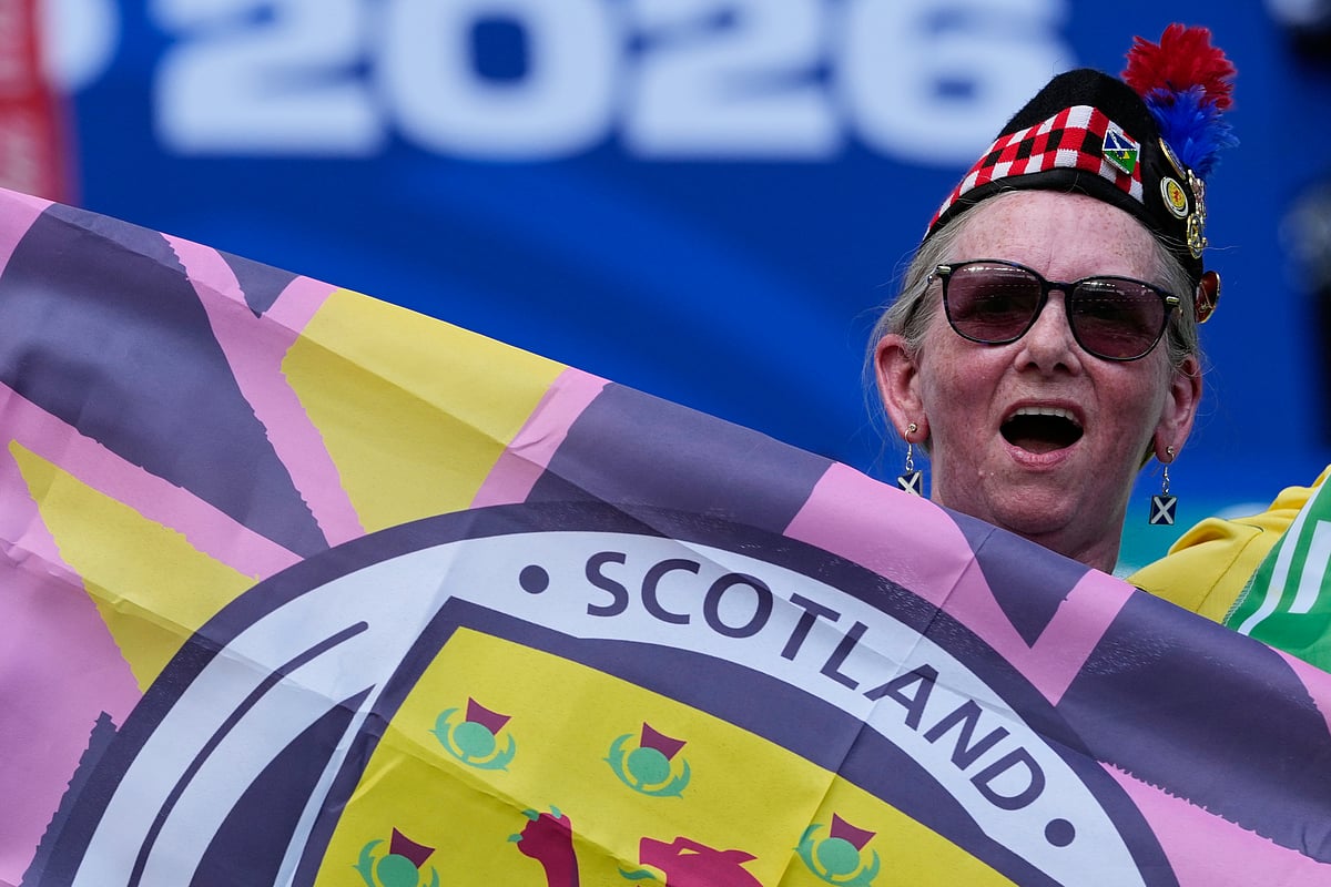 A Scotland fan reacts ahead of the World Cup Group C soccer match between Scotland and Brazil in Miami Gardens, Fla., Wednesday, June 24, 2026. - (AP Photo/Rebecca Blackwell)