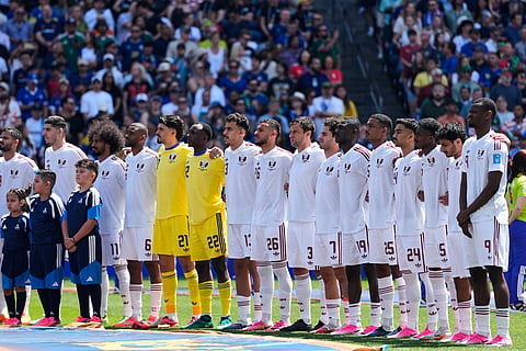 Qatar players stand at attention during the singing of their national anthem ahead of the World Cup Group B soccer match against Bosnia in Seattle, Wednesday, June 24, 2026.