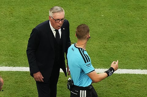 Brazil head coach Carlo Ancelotti reacts to the referees decision of a no-goal during the World Cup Group C soccer match against Scotland in Miami Gardens, Fla., Wednesday, June 24, 2026.