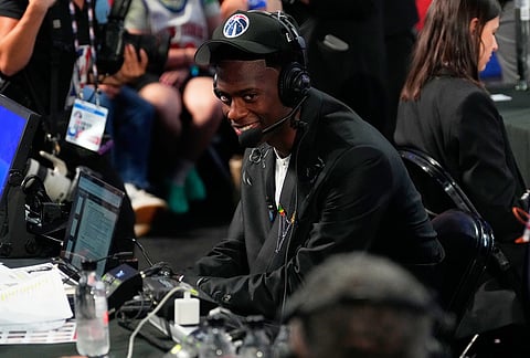 AJ Dybantsa is interviewed after being chosen by the Washington Wizards as the first pick in the first round of the NBA basketball draft, in New York.