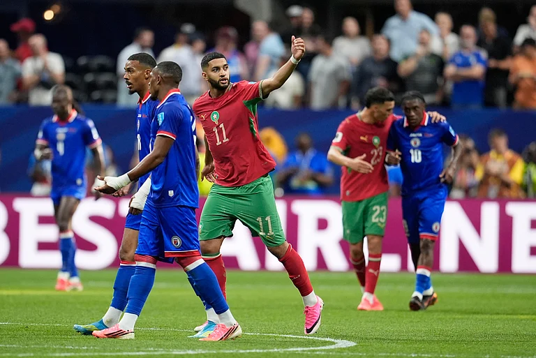 Morocco's Ismael Saibari (11) reacts after scoring a goal during the World Cup Group C soccer match between Morocco and Haiti in Atlanta, Wednesday, June 24, 2026. - (AP Photo/Mike Stewart)