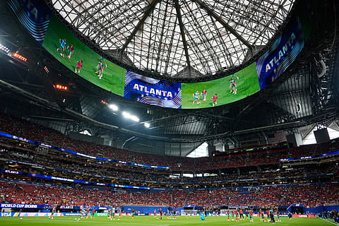 Players warm up before the World Cup Group C soccer match between Morocco and Haiti in Atlanta, Wednesday, June 24, 2026.