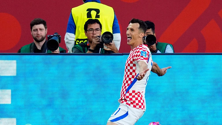 Croatia's Ante Budimir (11) celebrates a goal against Panama during the second half of a World Cup Group L soccer match, in Toronto, on Tuesday, June 23, 2026. - (Frank Gunn/The Canadian Press via AP)
