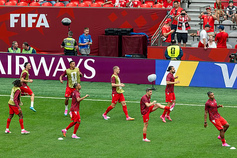 Switzerland players warm up before the World Cup Group B soccer match between Switzerland and Canada in Vancouver, British Columbia, Wednesday, June 24, 2026.
