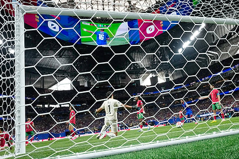 Morocco goalkeeper Yassine Bounou (1) and teammates react after Haiti's Lenny Joseph (16) scored a goal during the World Cup Group C soccer match between Morocco and Haiti in Atlanta, Wednesday, June 24, 2026.