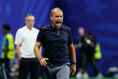 Haiti head coach Sebastien Migne reacts to play during the World Cup Group C soccer match between Morocco and Haiti in Atlanta, Wednesday, June 24, 2026.