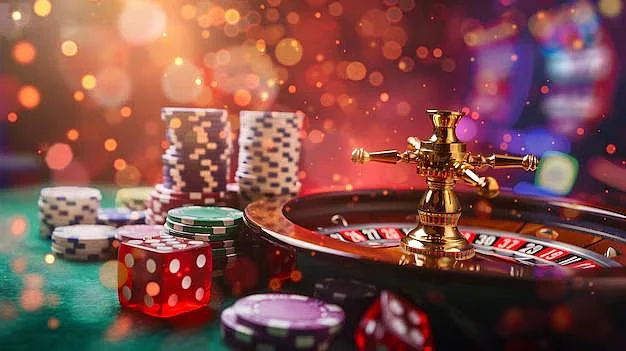 Roulette wheel, stacks of casino chips, and dice