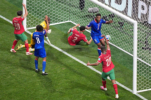 Morocco's Achraf Hakimi (2) scores their first goal during the World Cup Group C soccer match between Morocco and Haiti in Atlanta, Wednesday, June 24, 2026.