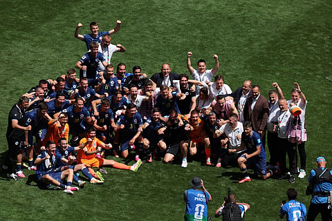 Bosnian team poses after the World Cup Group B soccer match between Bosnia and Qatar in Seattle, Wednesday, June 24, 2026. 
