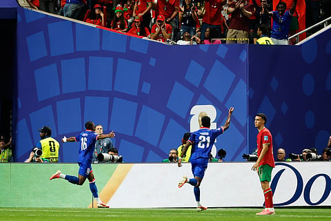 Haiti's Lenny Joseph (16) celebrates after scoring the opening goal during the World Cup Group C soccer match between Morocco and Haiti in Atlanta, Wednesday, June 24, 2026. 