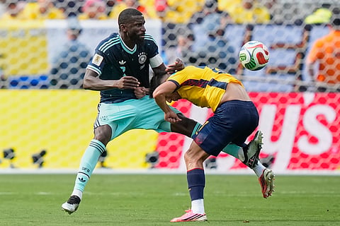 Germany's Antonio Ruediger, left, and Ecuador's Alan Franco vie for the ball during the World Cup Group E soccer match between Ecuador and Germany in East Rutherford, N.J., near New York, Thursday, June 25, 2026.