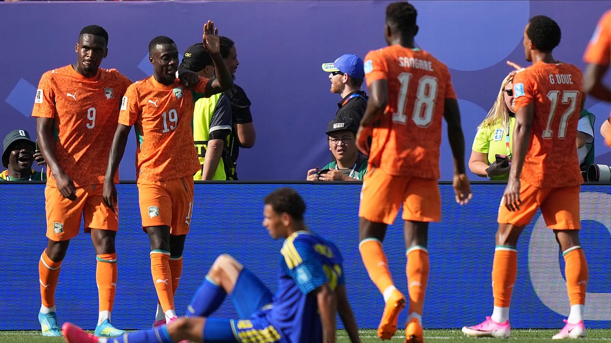 Ivory Coast's Nicolas Pepe (19), second left, celebrates after scoring his side's second goal during the World Cup Group E soccer match between Curacao and Ivory Coast in Philadelphia, Thursday, June 25, 2026. - (AP Photo/Matt Rourke)
