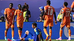 Ivory Coast's Nicolas Pepe (19), second left, celebrates after scoring his side's second goal during the World Cup Group E soccer match between Curacao and Ivory Coast in Philadelphia, Thursday, June 25, 2026. - (AP Photo/Matt Rourke)