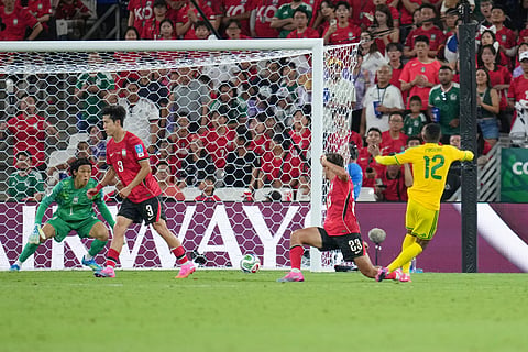 South Africa's Thapelo Maseko (12) scores the opening goal during the World Cup Group A soccer match between South Africa and South Korea in Guadalupe, near Monterrey, Mexico, Wednesday, June 24, 2026.