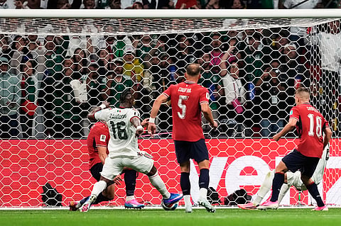 Mexico's Julian Quinones (16) scores his side's second goal during the World Cup Group A soccer match between Czechia and Mexico in Mexico City, Wednesday, June 24, 2026.