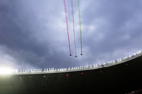 Jets fly over there stadium ahead of the World Cup Group A soccer match between Czechia and Mexico in Mexico City, Wednesday, June 24, 2026.