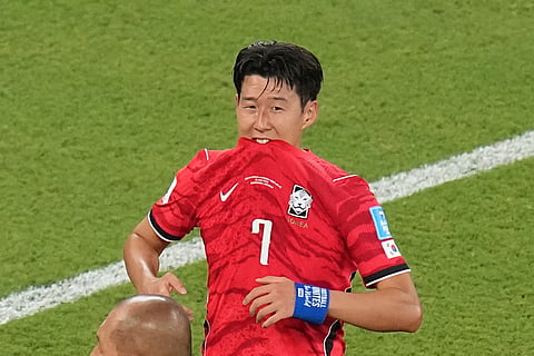 South Korea's Son Heung-min (7) reacts after his team lost the World Cup Group A soccer match against South Africa in Guadalupe, near Monterrey, Mexico, Wednesday, June 24, 2026.