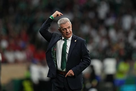 Mexico head coach Javier Aguirre gestures to his players during a World Cup Group A soccer match against Czechia in Mexico City, Wednesday, June 24, 2026.