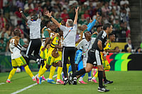 (AP Photo/Moises Castillo) : South Africa player celebrate at the end of the World Cup Group A soccer match between South Africa and South Korea in Guadalupe, near Monterrey, Mexico, Wednesday, June 24, 2026.