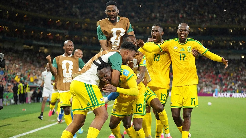 South Africa's Thapelo Maseko (12) celebrates after scoring his side's first goal during the World Cup Group A soccer match between South Africa and South Korea in Guadalupe, near Monterrey, Mexico, Wednesday, June 24, 2026. - AP Photo/Moises Castillo
