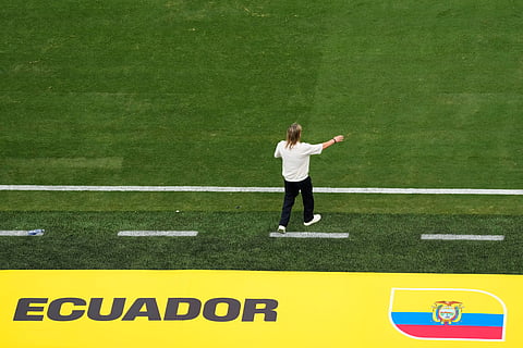 Ecuador head coach Sebastian Beccacece calls out from the bench during the World Cup Group E soccer match against Germany in East Rutherford, N.J., near New York, Thursday, June 25, 2026.