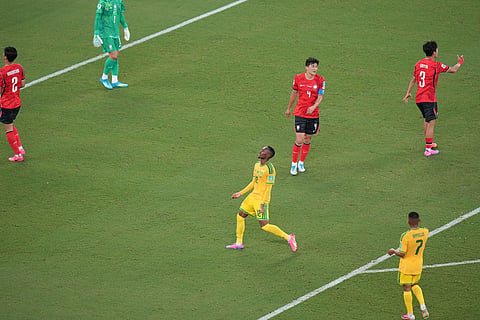 South Africa's Thapelo Maseko (12) reacts after missing a chance at goal during the World Cup Group A soccer match between South Africa and South Korea in Guadalupe, near Monterrey, Mexico, Wednesday, June 24, 2026.