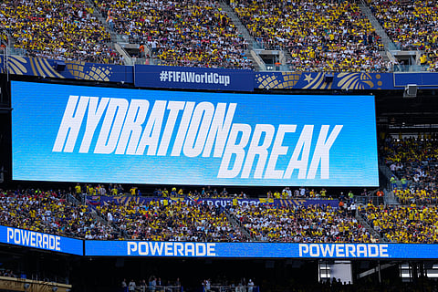 A screen announces a hydration break during the World Cup Group E soccer match between Ecuador and Germany in East Rutherford, N.J., near New York, Thursday, June 25, 2026.