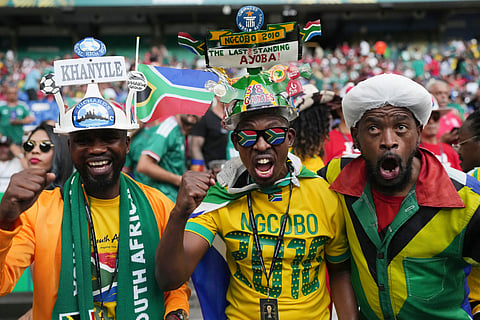 Fans cheer ahead of the World Cup Group A soccer match between South Africa and South Korea in Guadalupe, near Monterrey, Mexico, Wednesday, June 24, 2026.