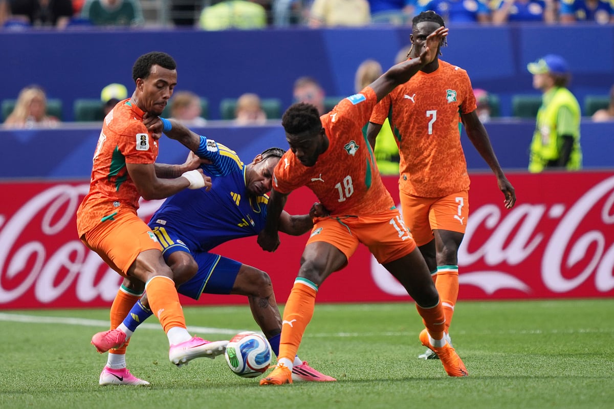 Curacao vs Ivory Coast FIFA World Cup 2026 Group E Guela Doue tangled AP Photo