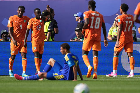 Ivory Coast's Nicolas Pepe (19), second left, celebrates after scoring his side's second goal during the World Cup Group E soccer match between Curacao and Ivory Coast in Philadelphia, Thursday, June 25, 2026.