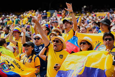 Fans of Ecuador cheer prior to the World Cup Group E soccer match between Germany and Ecuador in East Rutherford, N.J., near New York, Thursday, June 25, 2026.
